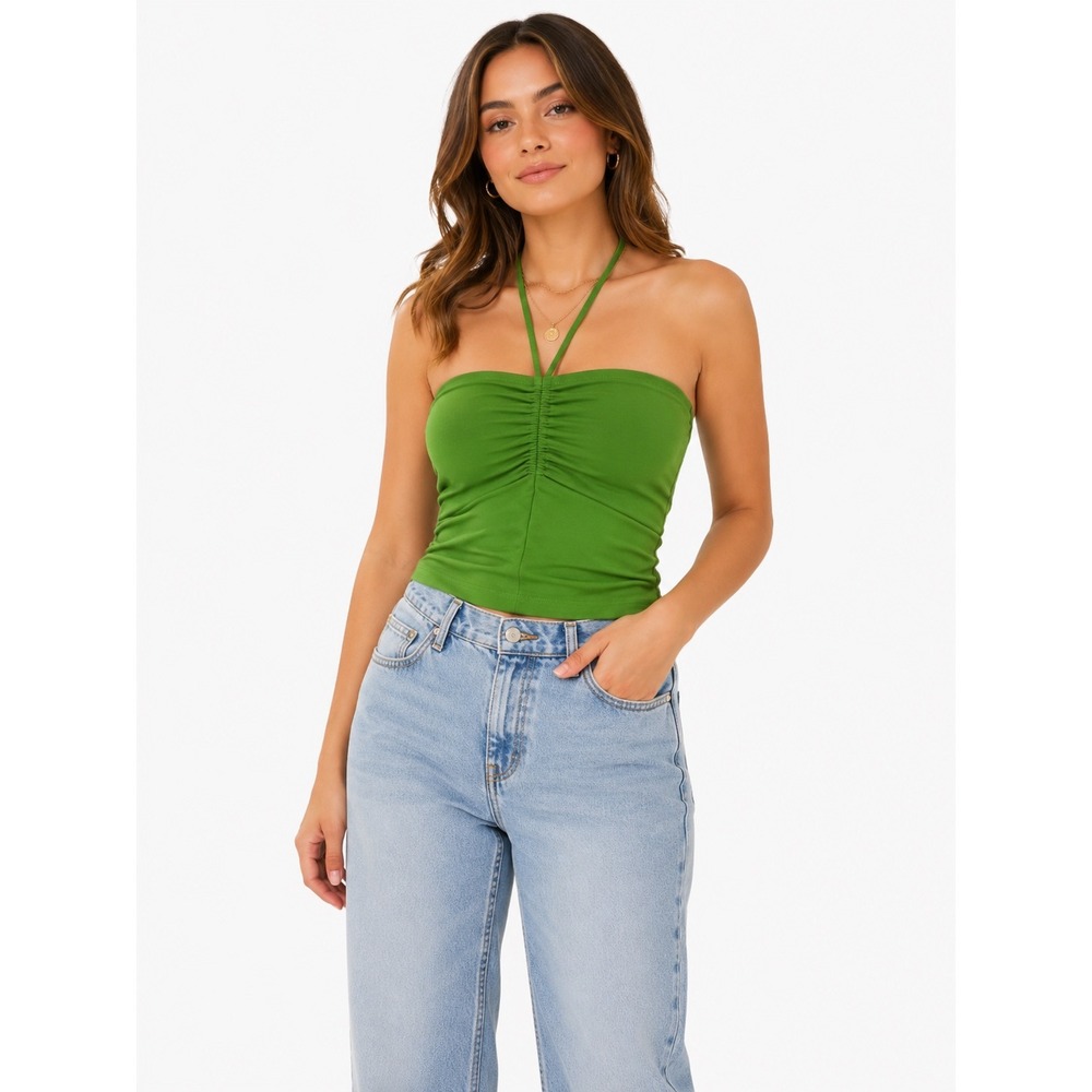 Zara Tube Top Womens Small Green Ruched Smocked Halter Cropped Summer Neon